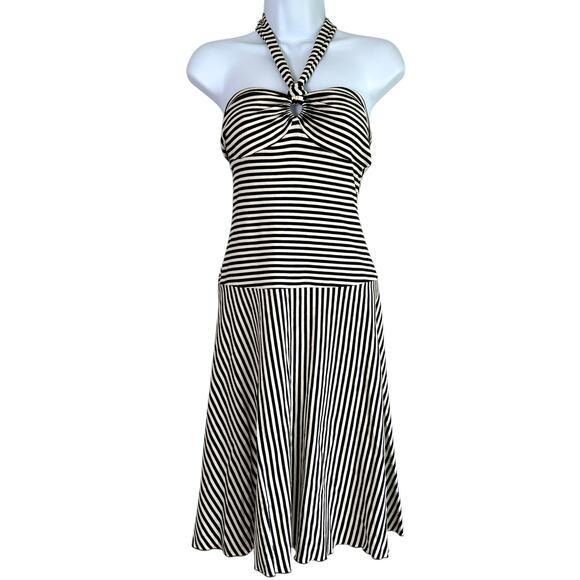 Trina Turk Womens Halter Striped‎ Drop Waist Dress Black Ivory Size 8 Vacation - Picture 1 of 4